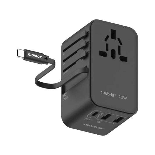 Momax 1-World+ 3-Port Travel GaN Charger With Built-in USB-C Cable 70W - Black