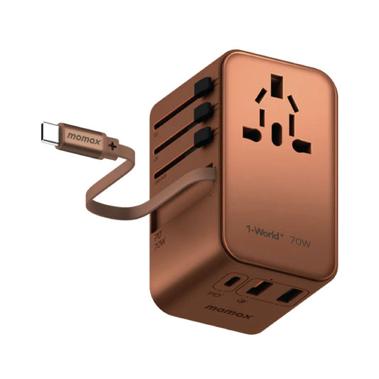 Momax 1-World+ 3-Port Travel GaN Charger With Built-in USB-C Cable 70W - Sandstone