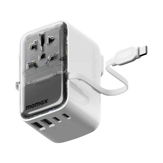 MOMAX 1-World+ Flow 35W 4-Port w/ Built-in USB-C Cable + AC Travel Adaptor (White)
