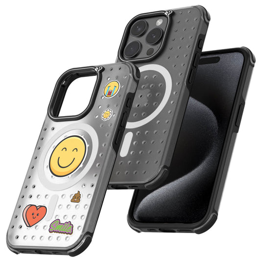 Pinit Mag Case with Pin Pack for iPhone 15 Pro Max - Dynamic/Clear/Black Bumper/Emoji1