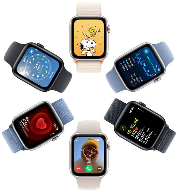 มุมมองเหนือจากด้านบนของหน้าจอ Apple Watch SE จำนวน 6 เรือนที่แสดงภาพพื้นหลังสนูปี้, ข้อมูลเชิงลึกในแอปนอนหลับ, ค่าวัดในแอปออกกำลังกาย, สายโทรเข้า, อัตราการเต้นของหัวใจ และแอปสภาพอากาศ