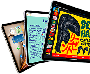 Three iPad Air displays showing iPadOS and apps features