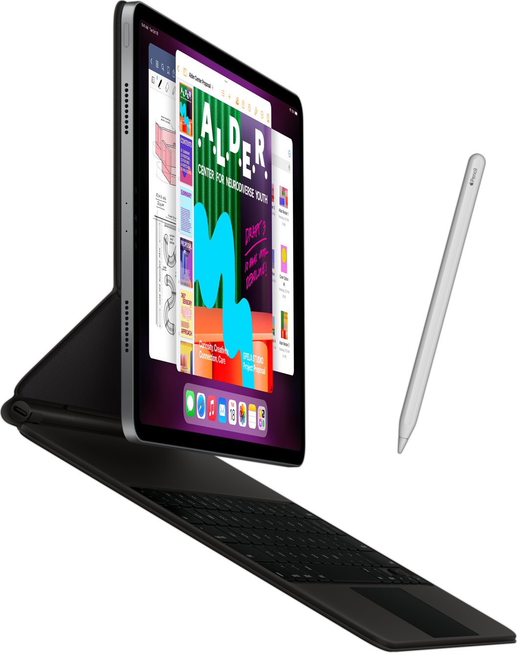 มุมมองด้านข้างของ iPad Pro ที่มี Smart Keyboard Folio ติดอยู่ พร้อมด้วย Apple Pencil
