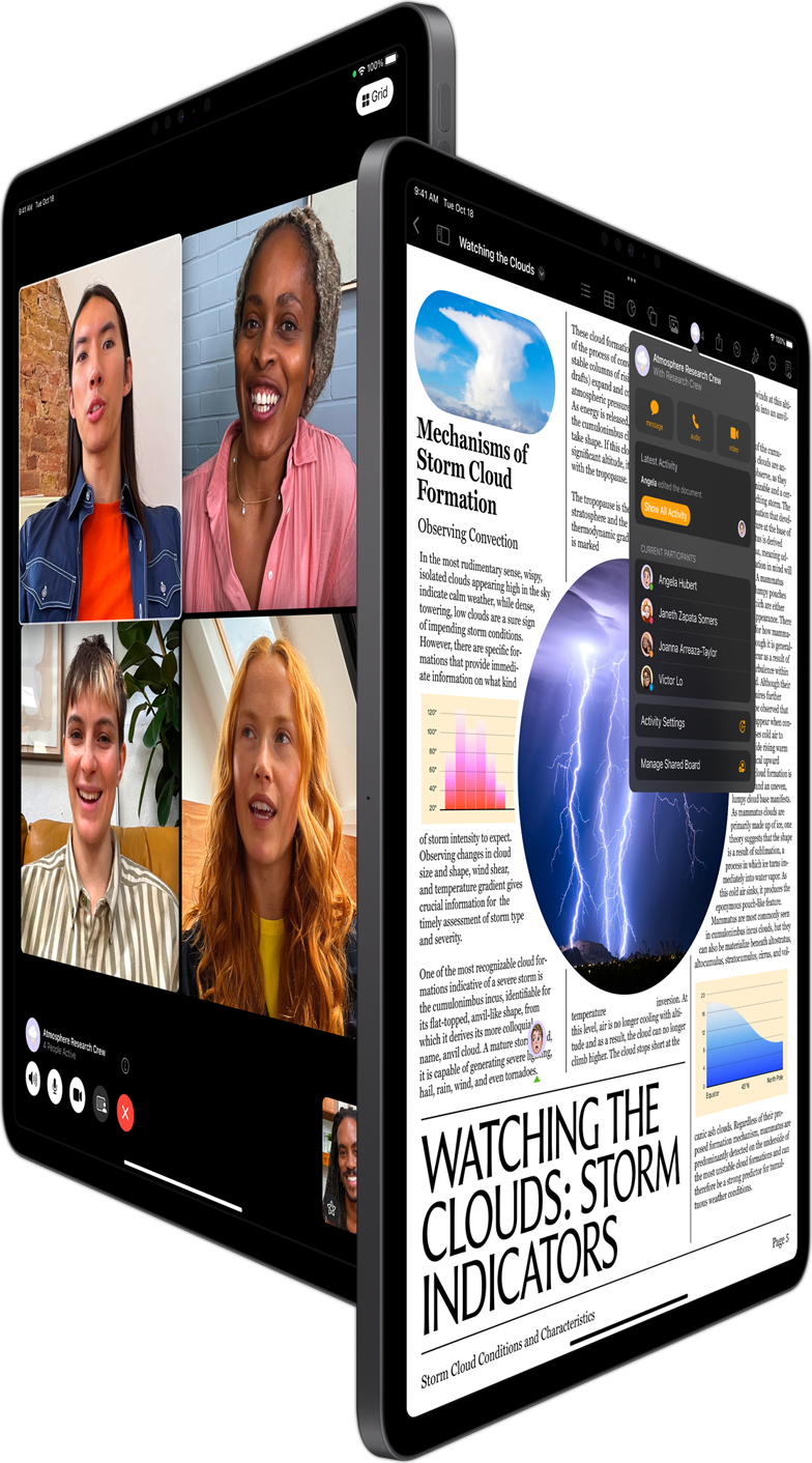 FaceTime แบบกลุ่มและการทำงานร่วมกันใน Pages แสดงอยู่บน iPad Pro สองเครื่อง