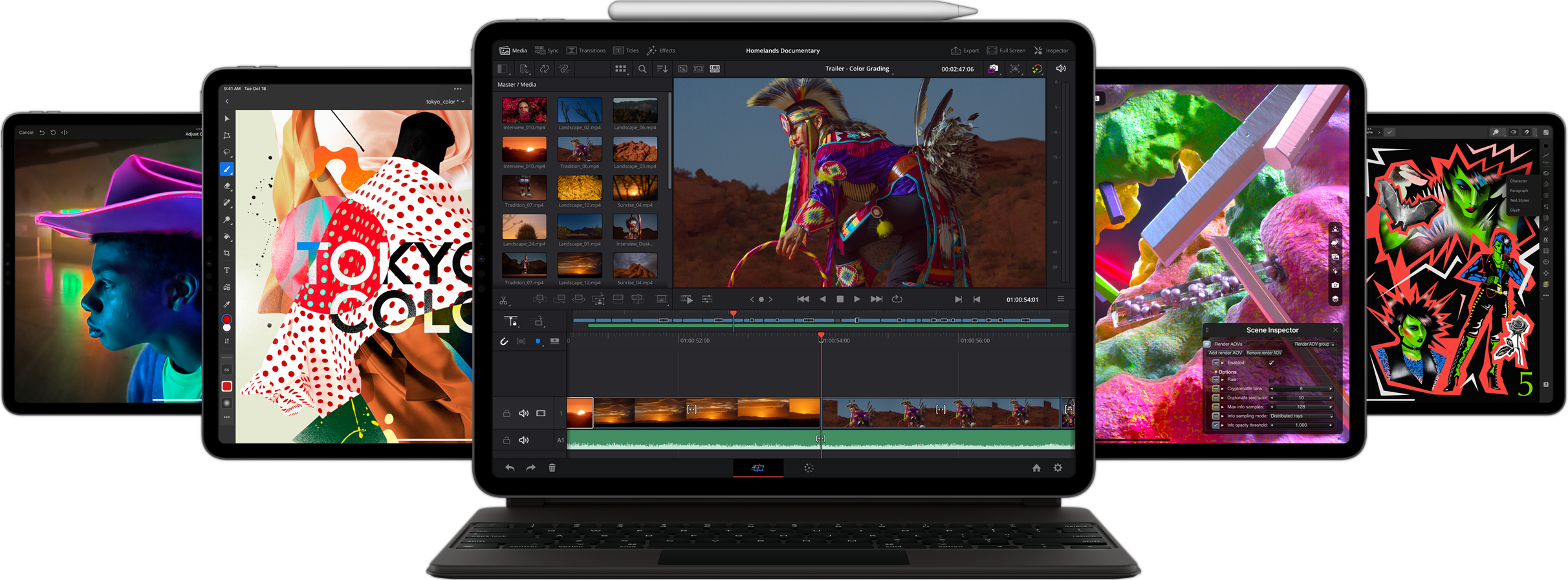 มุมมองด้านหน้าของ iPad Pro ที่มี Smart Keyboard Folio และ Apple Pencil ติดอยู่ และแสดงแอป Resolve for iPad โดยมีอุปกรณ์ iPad อื่นๆ อยู่ด้านหลัง