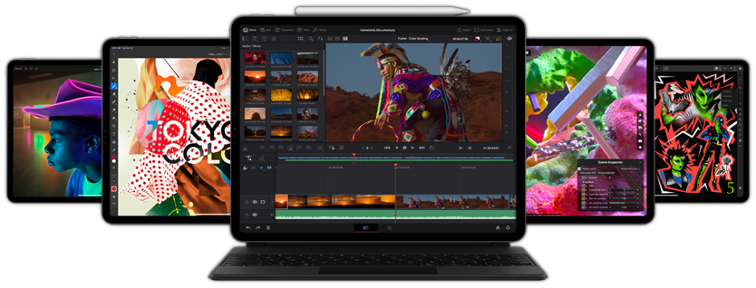 มุมมองด้านหน้าของ iPad Pro ที่มี Smart Keyboard Folio และ Apple Pencil ติดอยู่ และแสดงแอป Resolve for iPad โดยมีอุปกรณ์ iPad อื่นๆ อยู่ด้านหลัง
