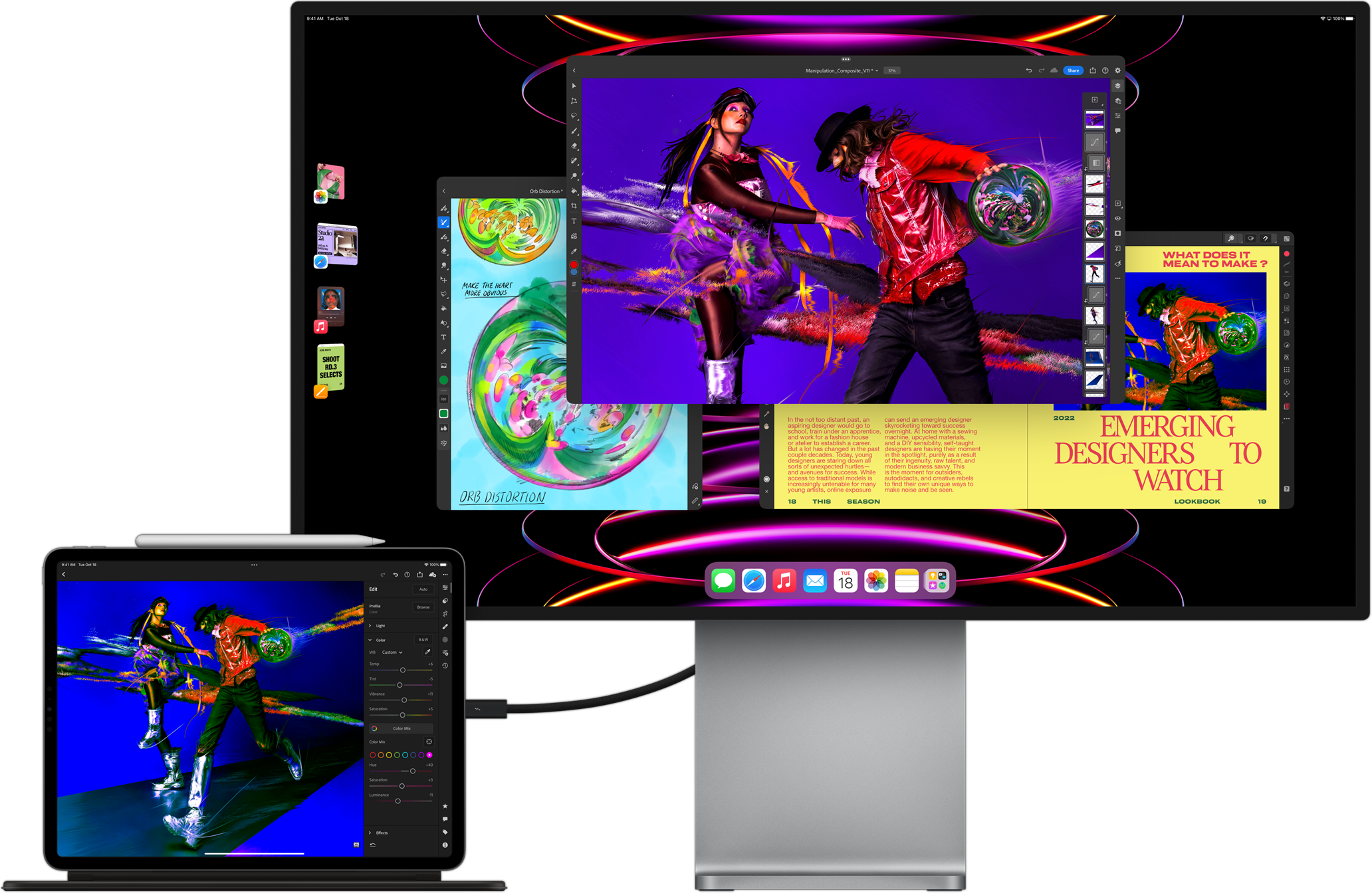 iPad Pro ที่แสดงแอป LumaFusion ขณะเชื่อมต่อกับจอภาพภายนอกที่แสดงการทำงานแบบมัลติทาสก์ด้วยคุณสมบัติตัวจัดการให้อยู่ตรงกลาง