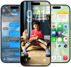 iPhone 17, exterior front, Dynamic Island centered near top, three colors: Mist Blue, Lavender, Sage