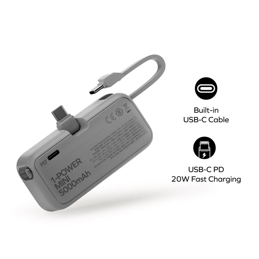 MOMAX 1-Power Mini 5000mAh Bulit-in foldable USB-C connector Battery pack (Black)