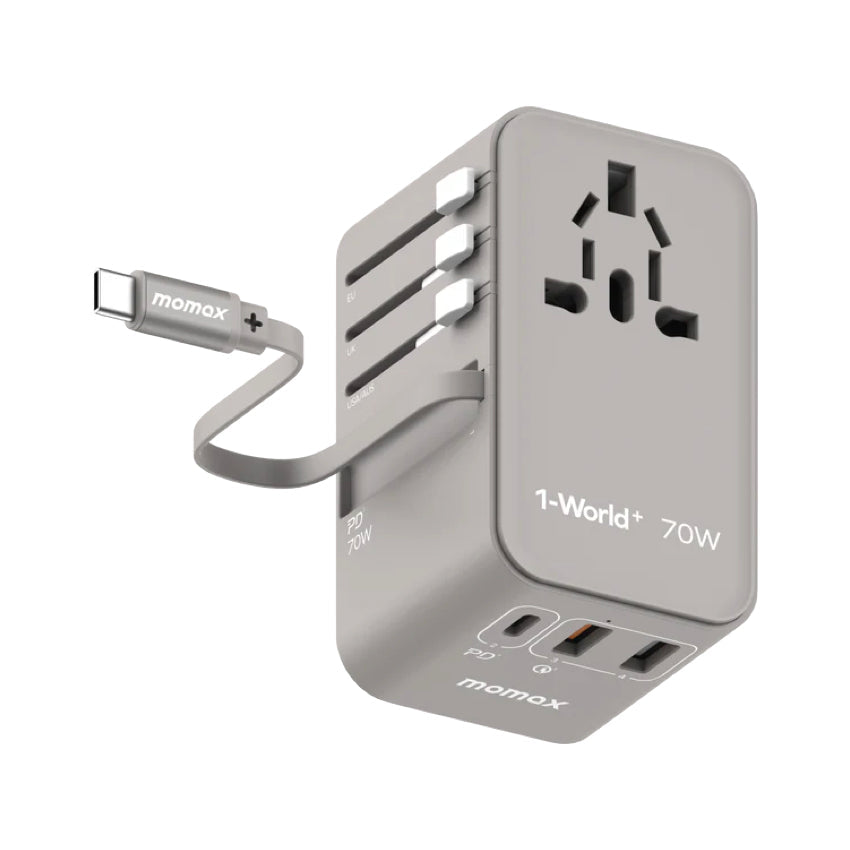 Momax 1-World+ 3-Port Travel GaN Charger With Built-in USB-C Cable 70W - Grey
