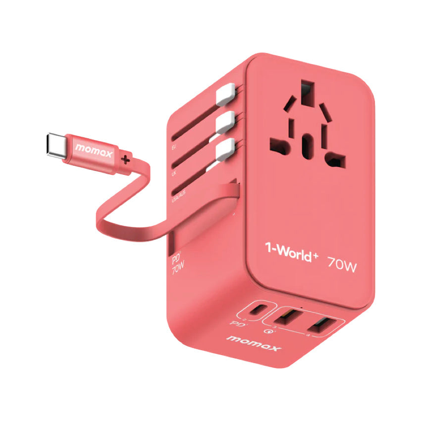 Momax 1-World+ 3-Port Travel GaN Charger With Built-in USB-C Cable 70W - Red