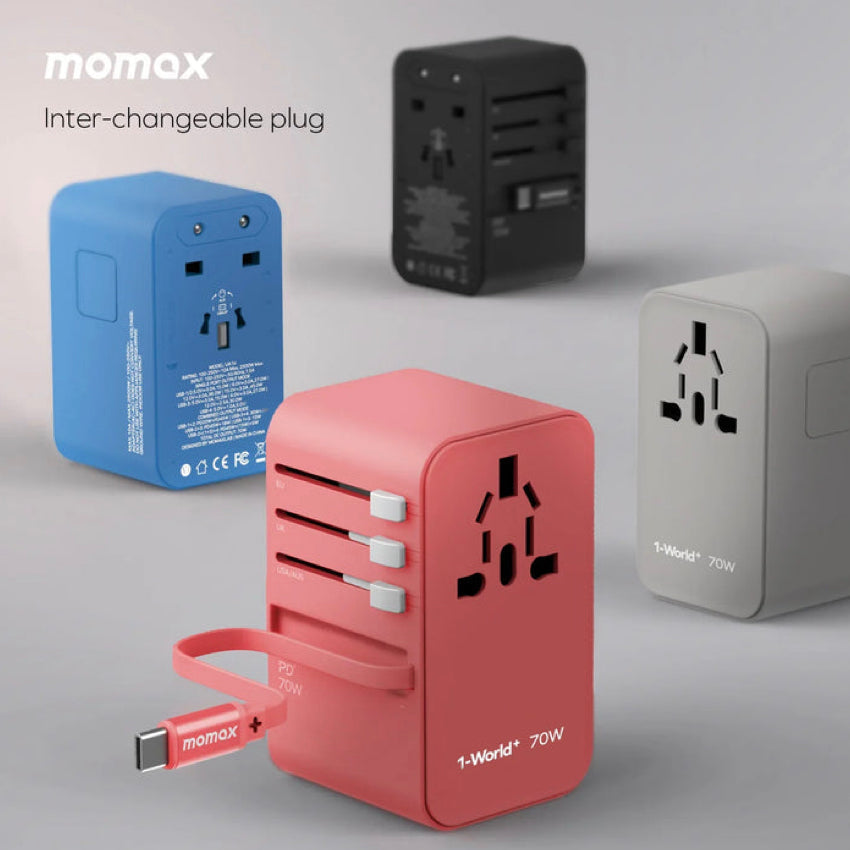 Momax 1-World+ 3-Port Travel GaN Charger With Built-in USB-C Cable 70W - Red