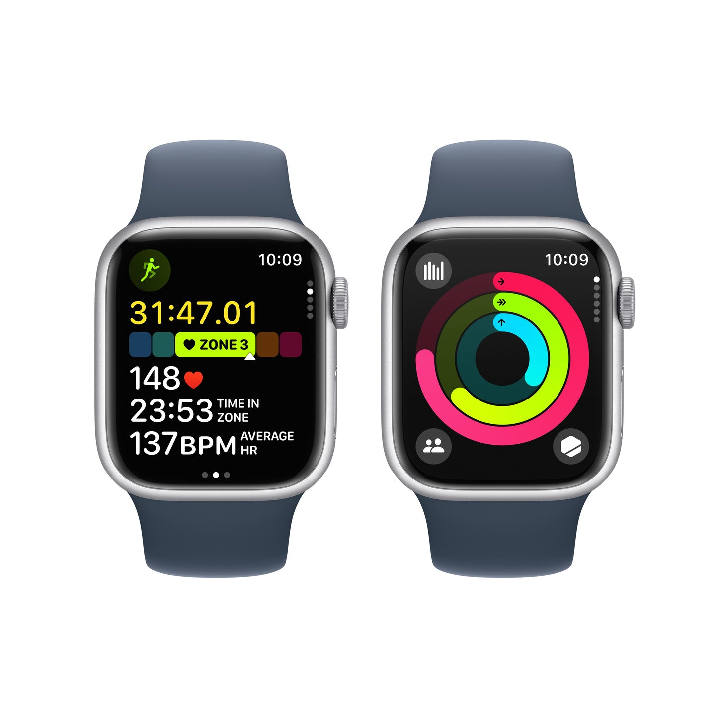 Apple Watch Series 9 GPS 41mm Silver Aluminum Case with Storm Blue Sport Band - M/L