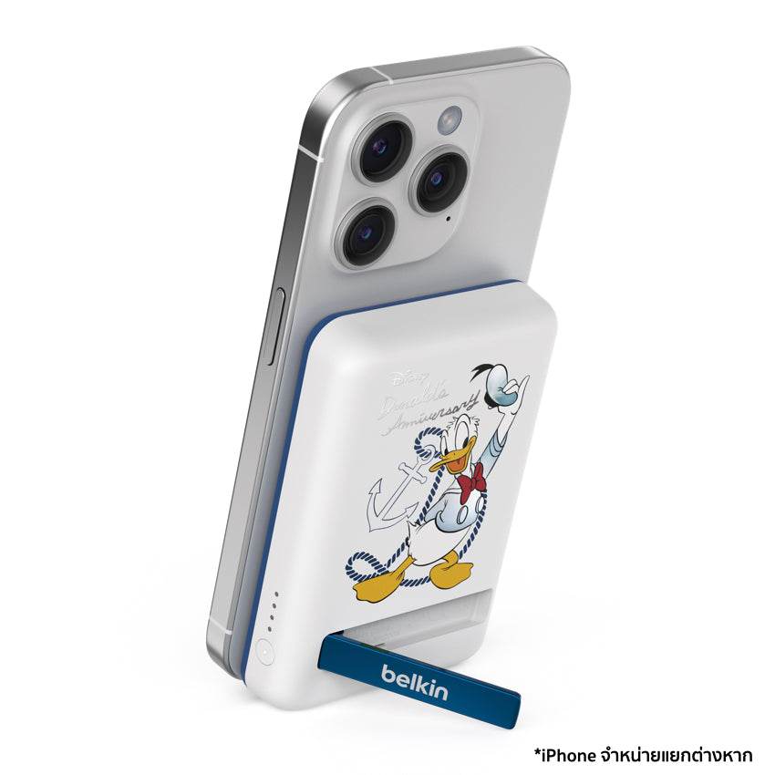 แบตเตอรี่สำรองพกพา Boost Charge 7.5 วัตต์ ความจุ 5,000 mAh พร้อมขาตั้งในตัว ลาย Donald Duck จากแบรนด์ BELKIN