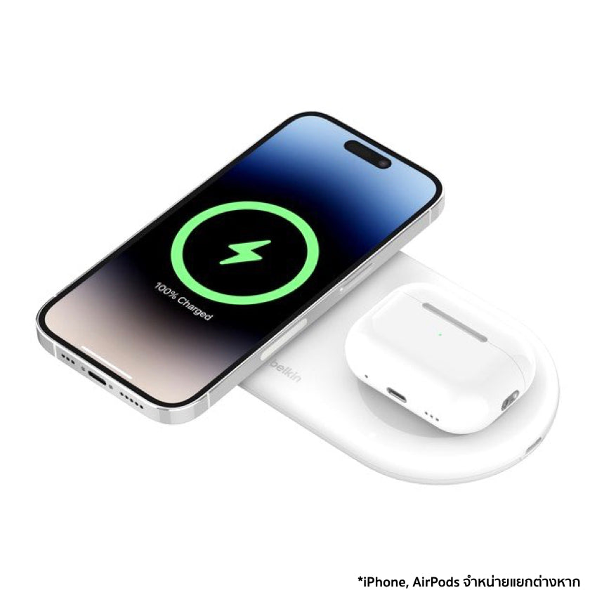 Belkin BOOST CHARGE Qi2 2-in-1 Wireless Charging Pad 15W with USB-C Port- White