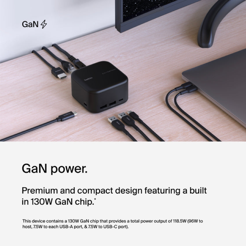 Belkin CONNECT USB-C GaN Dock with Power Pass 130W and 2M Power Cord-Black