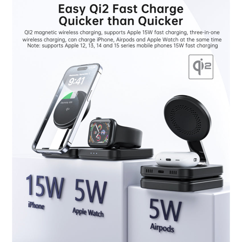Choetech Qi2 3 in 1 wireless charger Foldable 15W- Black