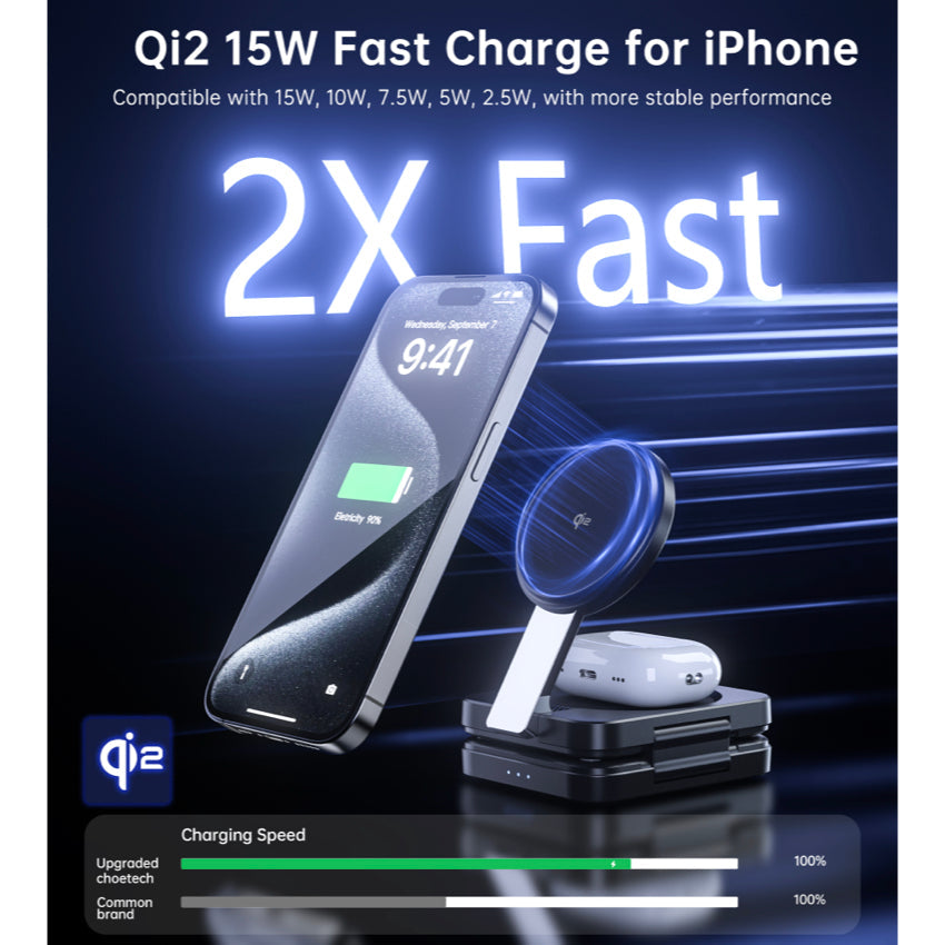 Choetech Qi2 3 in 1 wireless charger Foldable 15W- Black