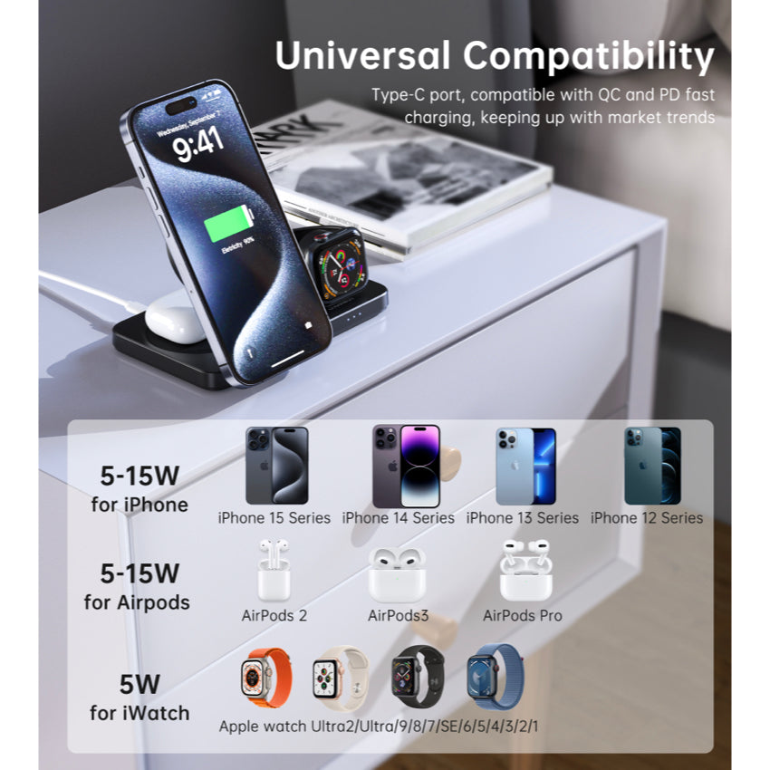 Choetech Qi2 3 in 1 wireless charger Foldable 15W- Black