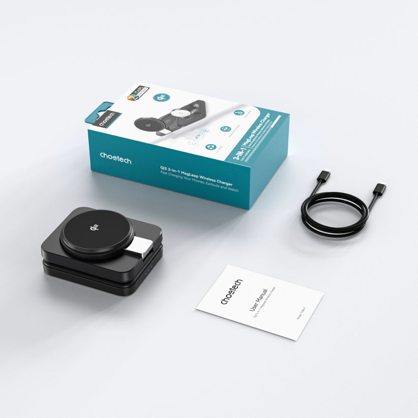 Choetech Qi2 3 in 1 wireless charger Foldable 15W- Black