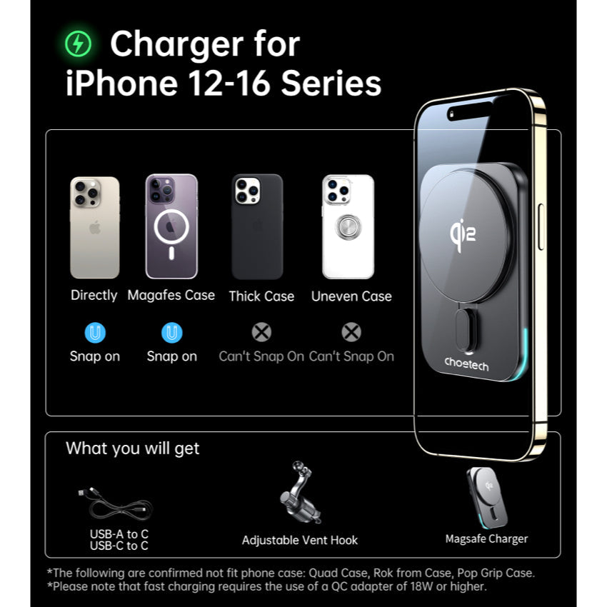 Choetech Qi2 Magnetic Car Wireless Fast Charging 15W- Black