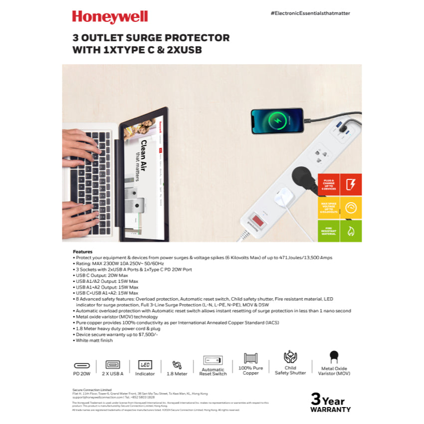 Honeywell 3 Outlet Surge Protector with 1xType C with PD and 2xUSB