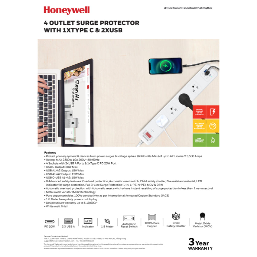 Honeywell 4 Outlet Surge Protector with 1xType C with PD and 2xUSB