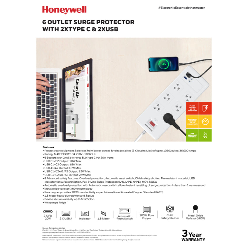 Honeywell 6 Outlet Surge Protector with 2 Type C with PD and 2 USB