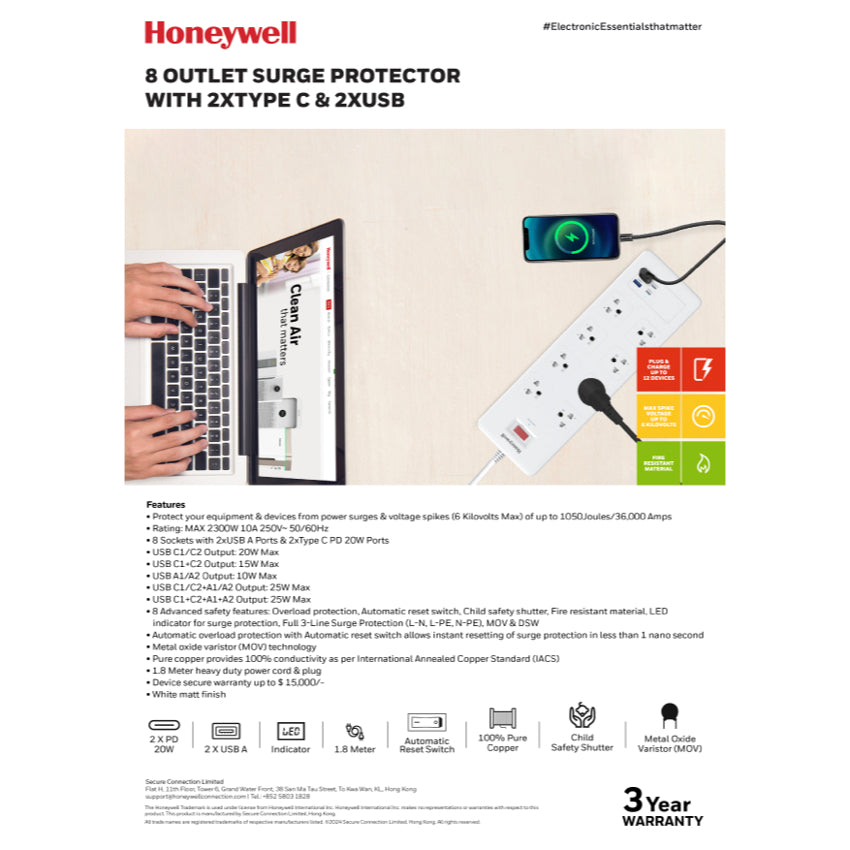 Honeywell 8 Outlet Surge Protector with 2 Type C with PD and 2 USB