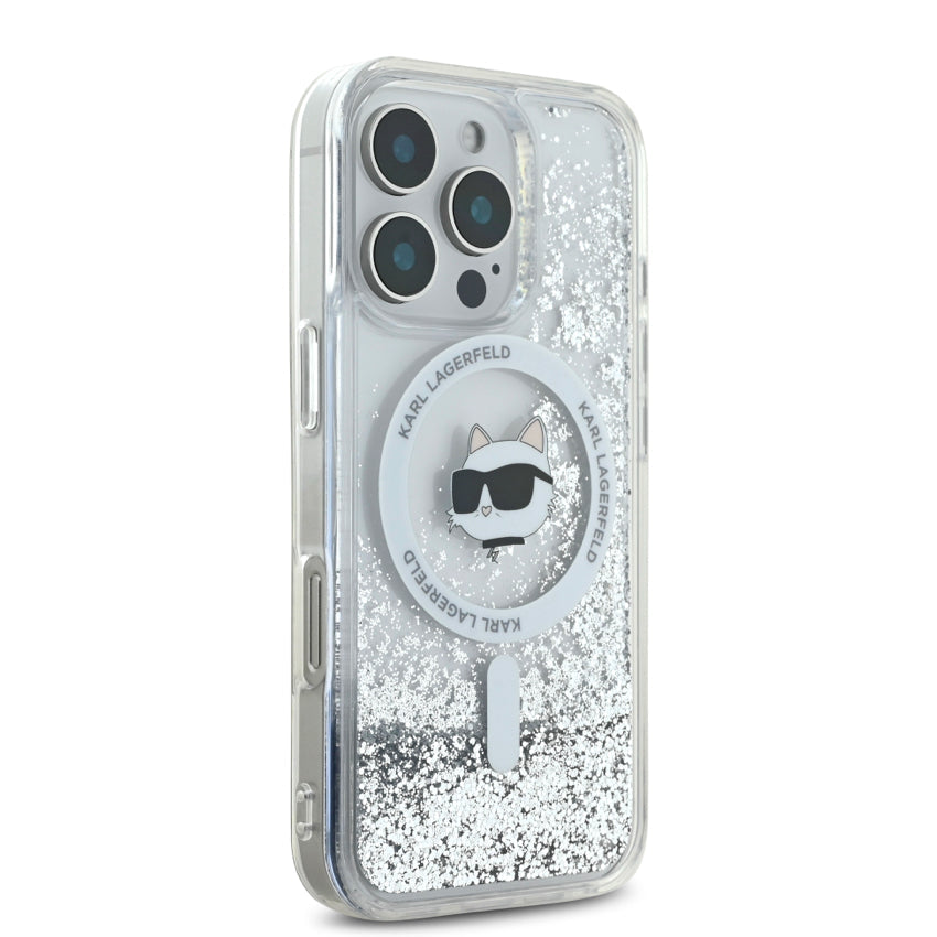 iPhone 16 Pro Case Karl Lagerfeld Choupette Head MagSafe Liquid Glitter - Transparent