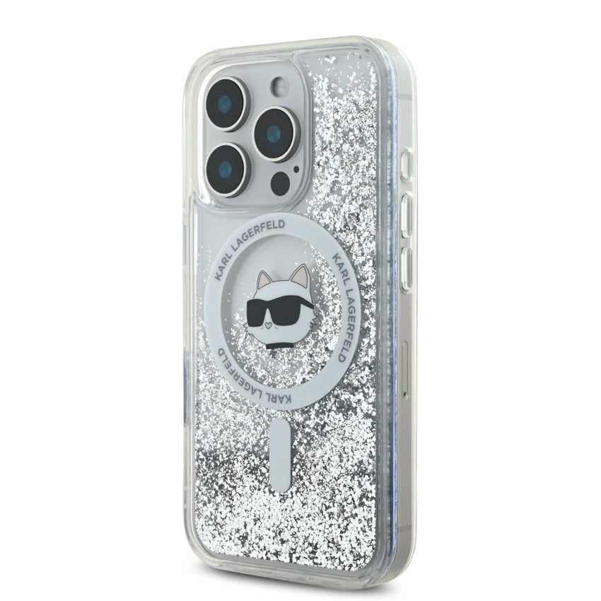 iPhone 16 Pro Case Karl Lagerfeld Choupette Head MagSafe Liquid Glitter - Transparent