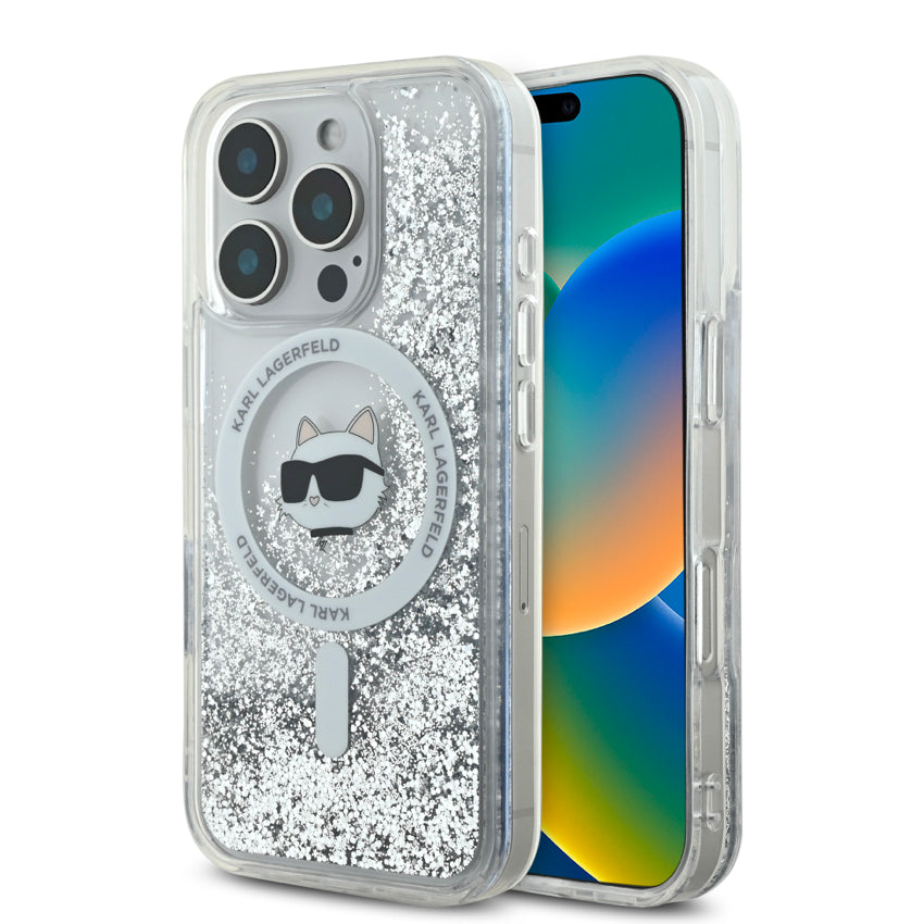 iPhone 16 Pro Case Karl Lagerfeld Choupette Head MagSafe Liquid Glitter - Transparent