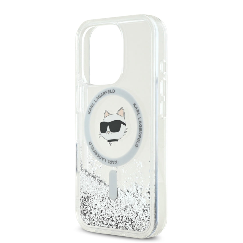 iPhone 16 Pro Case Karl Lagerfeld Choupette Head MagSafe Liquid Glitter - Transparent