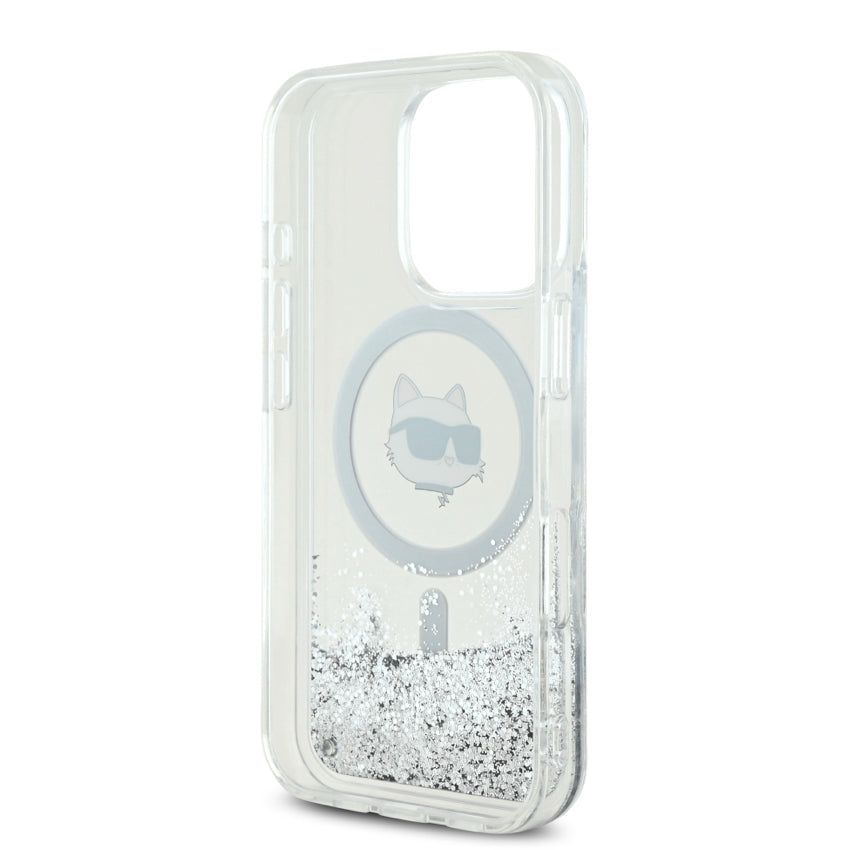 iPhone 16 Pro Case Karl Lagerfeld Choupette Head MagSafe Liquid Glitter - Transparent