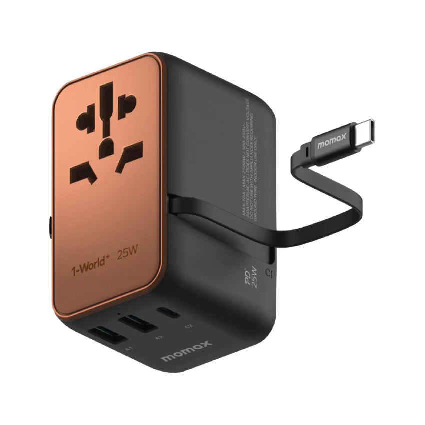 Momax 1-World+ 3-Port Travel Charger Built-In USB-C Cable 25W - Sandstone