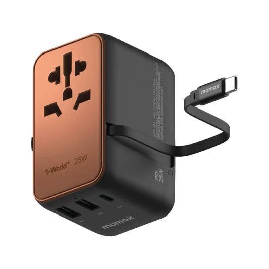 Momax 1-World+ 3-Port Travel Charger Built-In USB-C Cable 25W - Sandstone