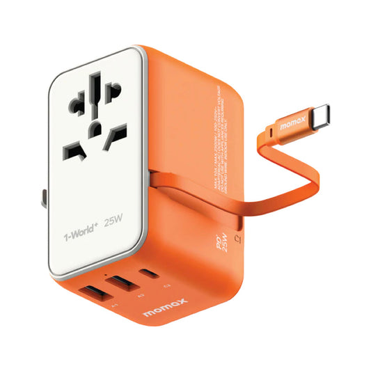 Momax 1-World+ 3-Port Travel Charger Built-In USB-C Cable 25W - Orange