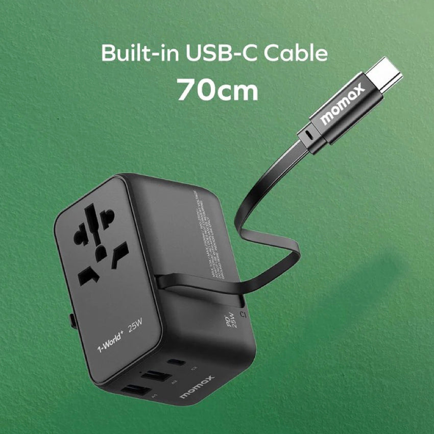 Momax 1-World+ 3-Port Travel Charger Built-In USB-C Cable 25W - Sandstone