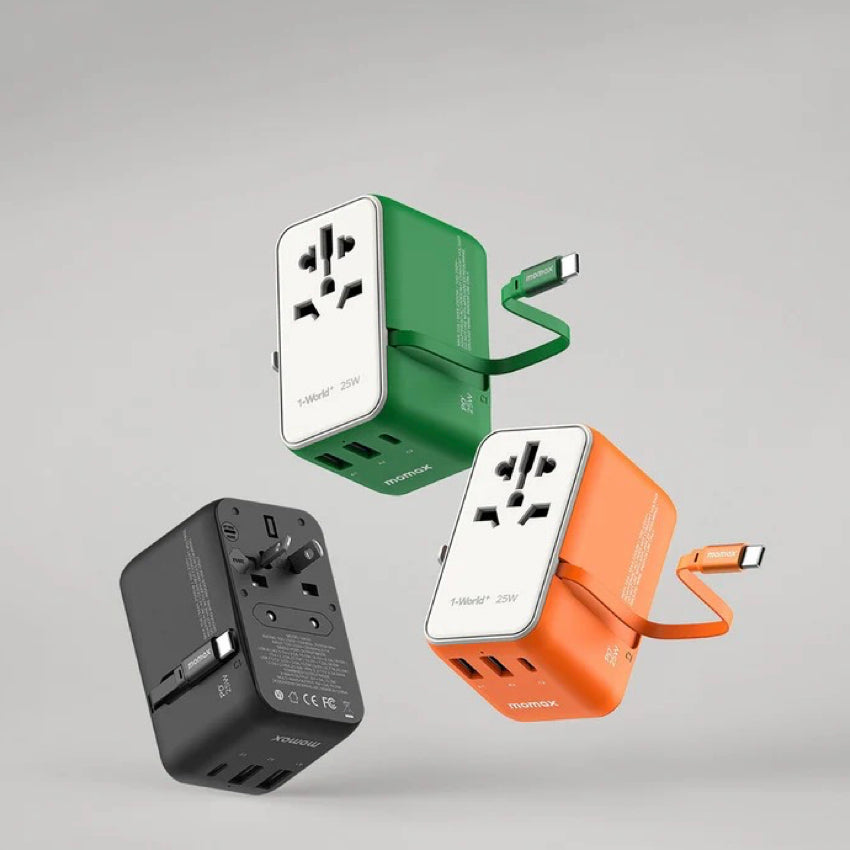 Momax 1-World+ 3-Port Travel Charger Built-In USB-C Cable 25W - Orange