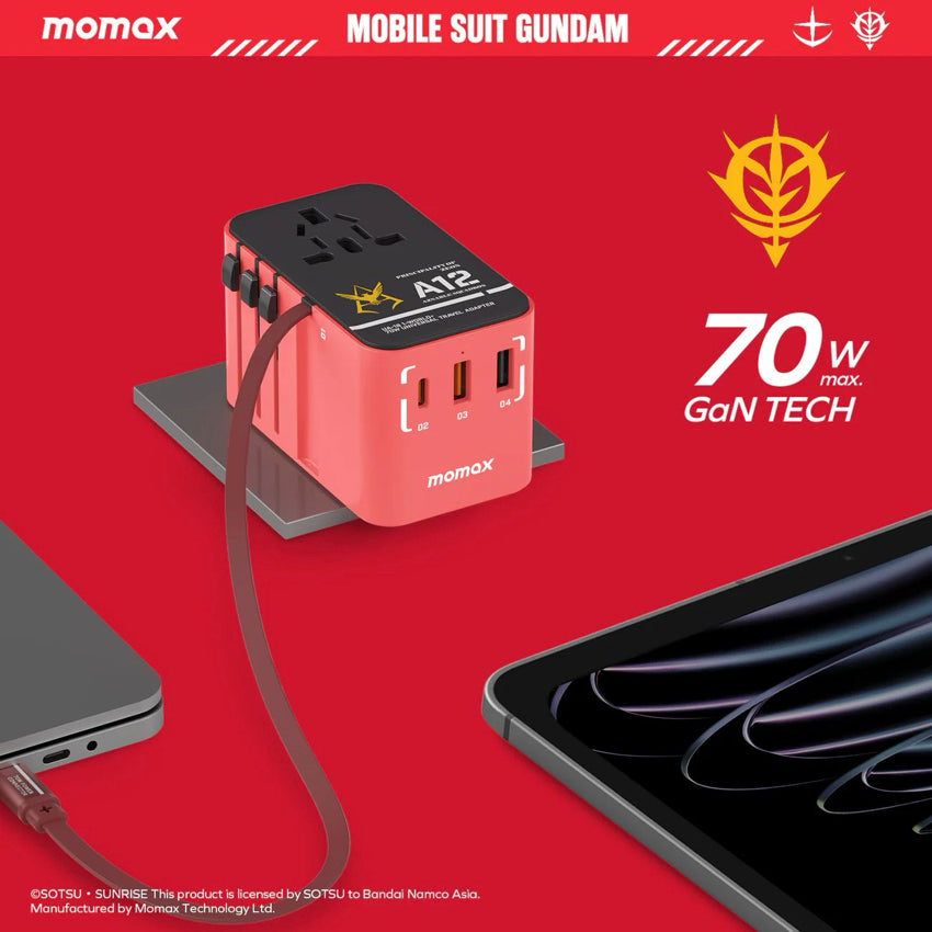 Momax 1-World+ 70W GaN 3-Port w/ Built-in USB-C Cable + AC Travel Adaptor (Zuku-Red)