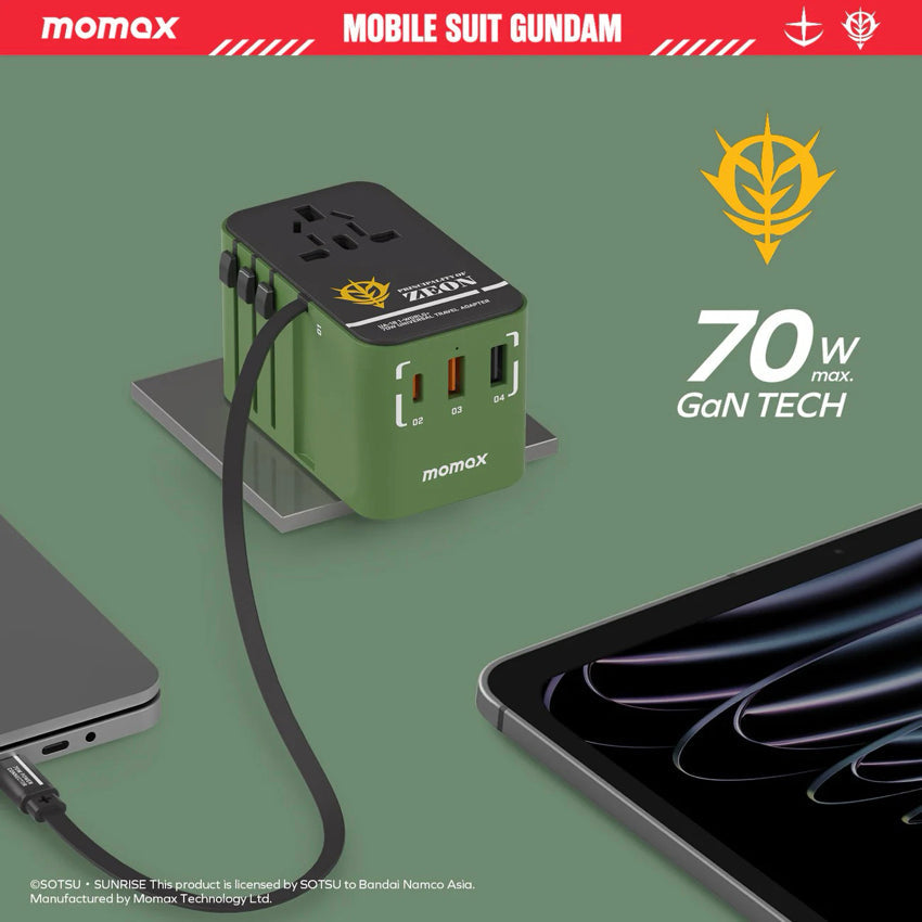 Momax 1-World+ 70W GaN 3-Port w/ Built-in USB-C Cable + AC Travel Adaptor (Zuku-Green)