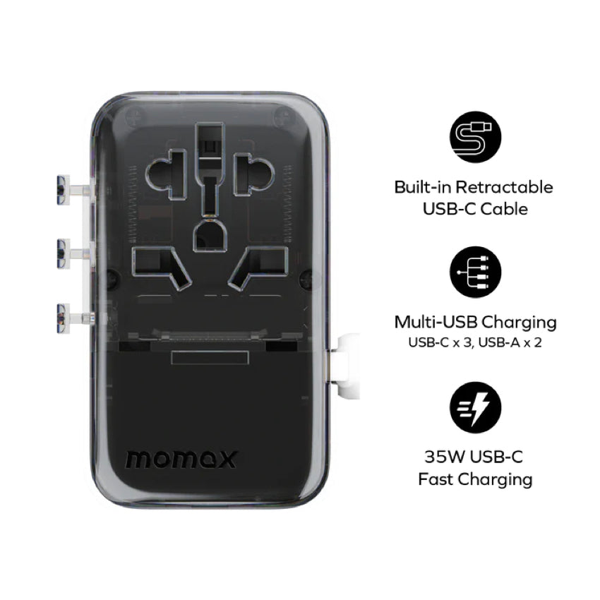 MOMAX 1-World+ Flow 35W 4-Port w/ Built-in USB-C Cable + AC Travel Adaptor (White)