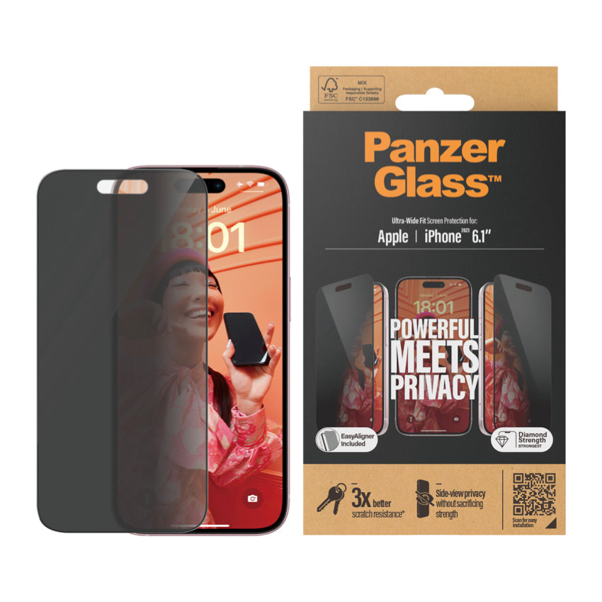 PANZERGLASS Ultra Wide Fit Privacy for iPhone 15 [With Applicator]