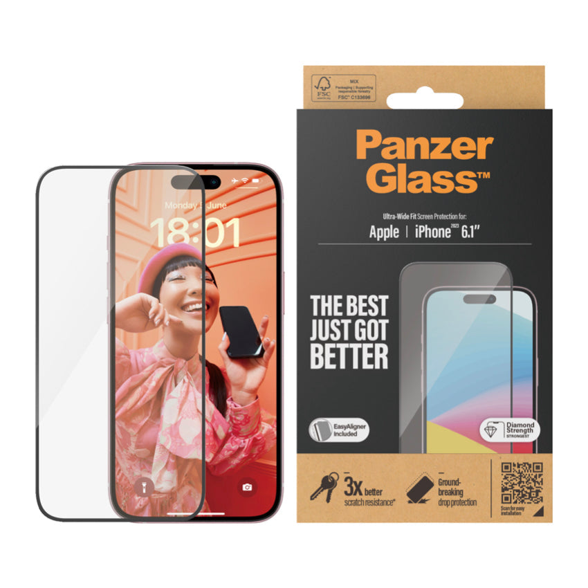 PANZERGLASS Ultra Wide Fit for iPhone 15 [With Applicator]