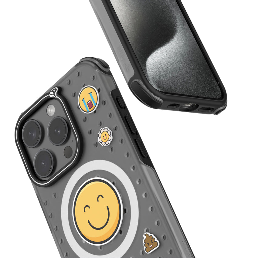 Pinit Mag Case with Pin Pack for iPhone 15 Pro - Dynamic/Clear/Black Bumper/Emoji1