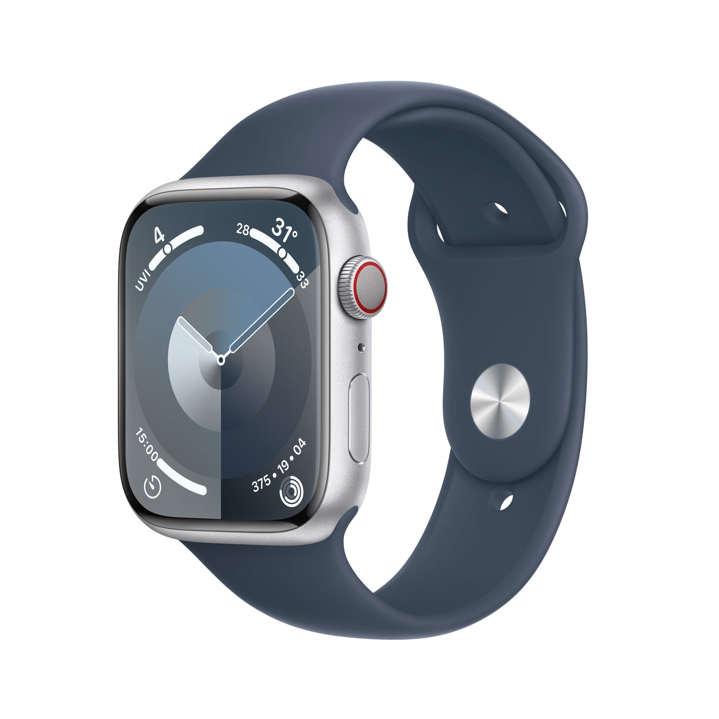 Apple Watch Series 9 GPS + Cellular 45mm Silver Aluminum Case with Storm Blue Sport Band - M/L