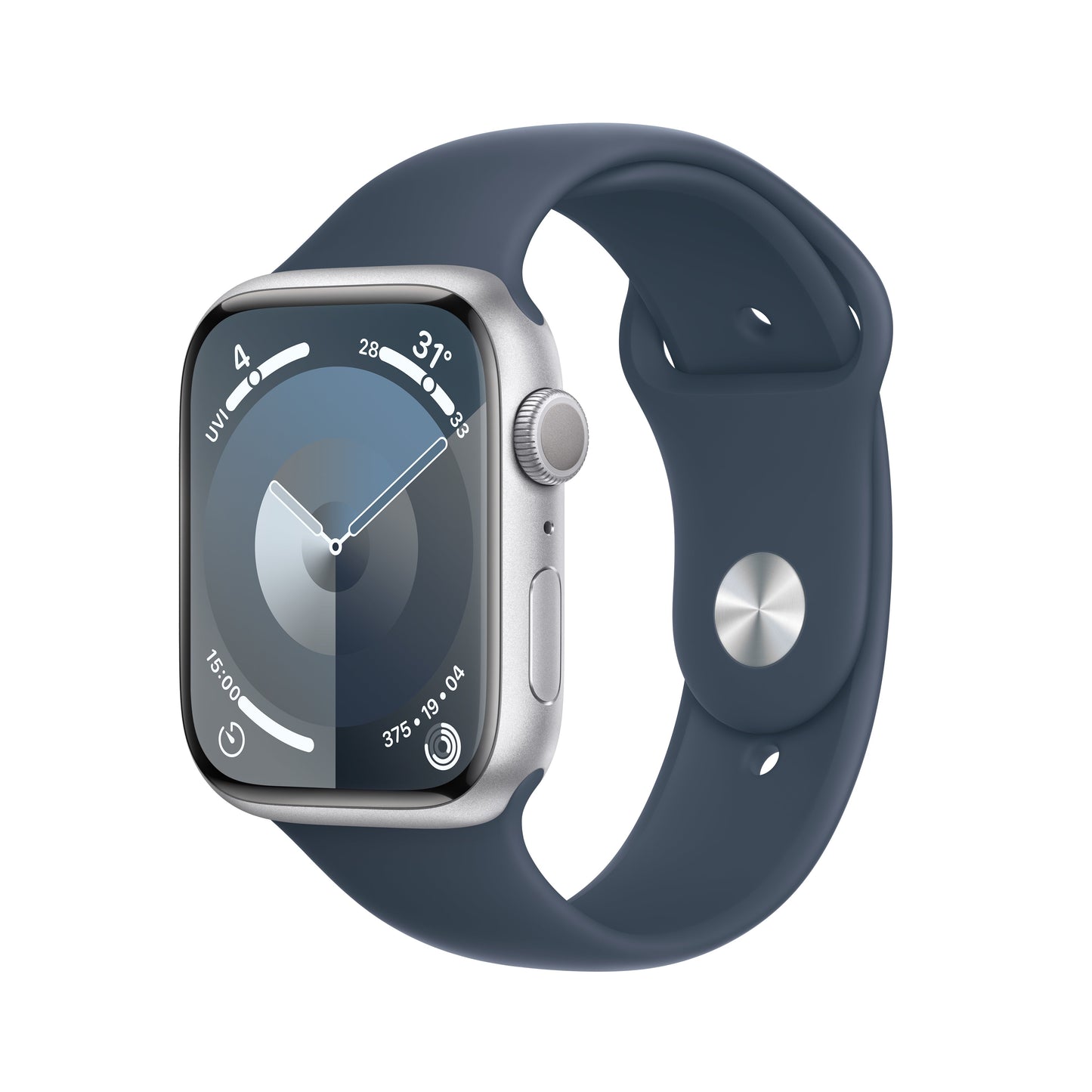 Apple Watch Series 9 GPS 45mm Silver Aluminum Case with Storm Blue Sport Band - S/M