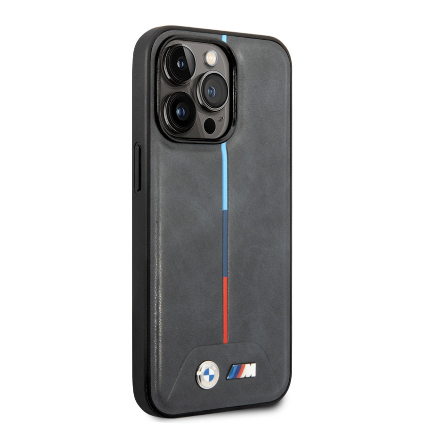 BMW M Mag Quilted Pu Hot Stamped Tricolor Stripe Printed Logo for iPhone 15 Pro - Grey