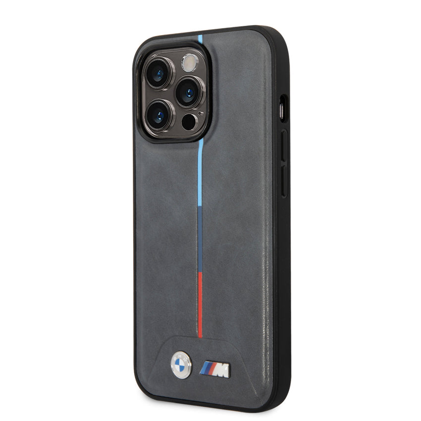 BMW M Mag Quilted Pu Hot Stamped Tricolor Stripe Printed Logo for iPhone 15 Pro - Grey
