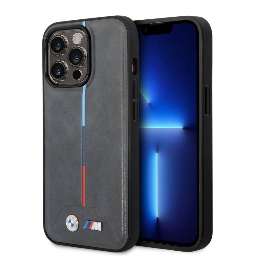 BMW M Mag Quilted Pu Hot Stamped Tricolor Stripe Printed Logo for iPhone 15 Pro - Grey